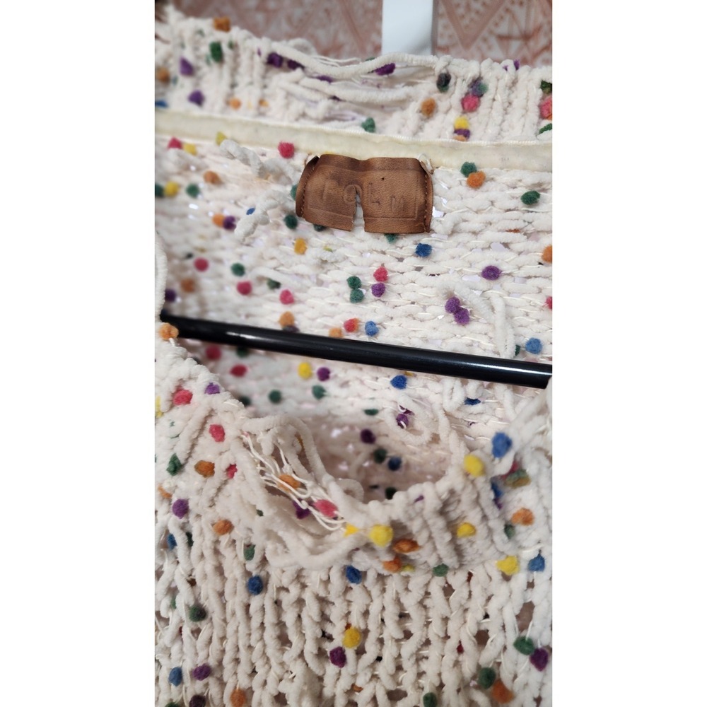 POL Distressed Open-Knit Colorful Pom Pom Ivory Cotton Pullover Sweater - Picture 3 of 4